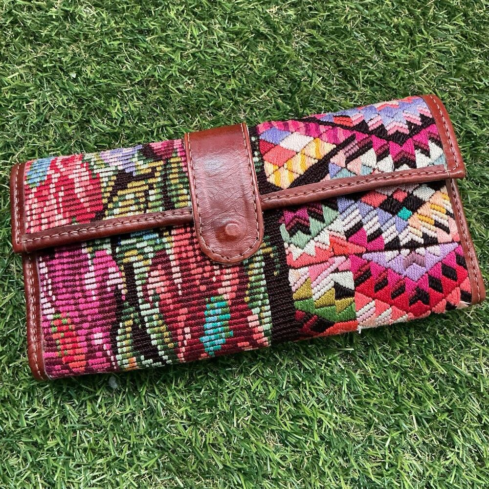 Guatemala Handwoven Textile Leather Wallet Clutch Colorful Boho Tribal 9”